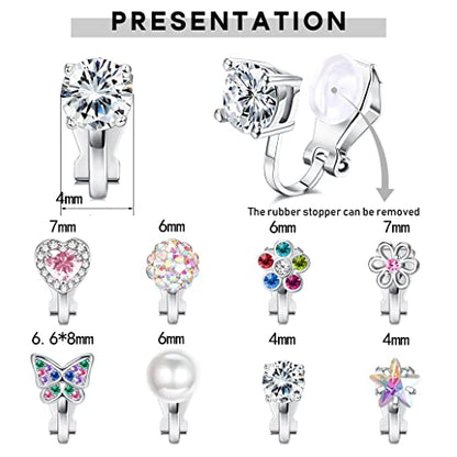 FASACCO 8-10Pairs Clip on Earrings for Women Girls Colorful Crystal Non-Piercied Earrings Cute Flower Heart Butterfly Pearl Clip-on Earrings Over 3 Years Old - style: 8Pairs