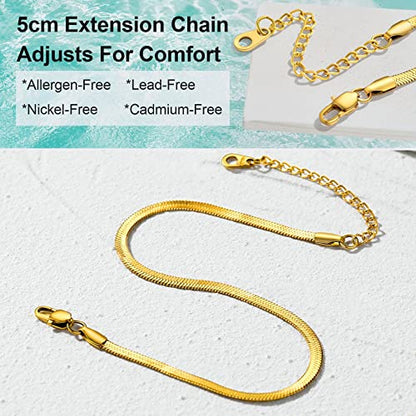 Adjustbale Link Chain Anklet for Women Summer Jewelry, 316L Stainless Steel Figaro/Wheat/Twist Rope/Cuban Foot Bracelet-Waterproof, Resizable 9"-12" (Gift Box Included) - color: 6, Herringbone - Gold-3mm