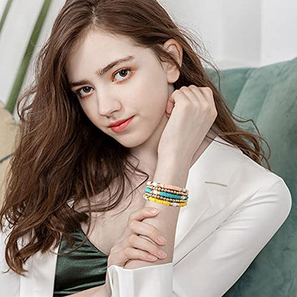 GOOJIDS Surfer Heishi Clay Bead Bracelets for Women Bohemian Stackable Gold Plated Beaded Stretch Bracelets Elastic Layering Friendship Bracelets Set Boho Jewelry - color: A-Multicolor 5pcs