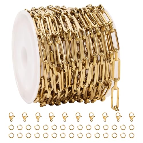 SMYHTGLIF 4 Meters Paperclip Chain Bulk for Jewelry Making Gold Chain Roll | Stainless Steel Chain Permanent Jewelry Necklace Bracelet Chain Handmade Jewelry Making Supplies - color: Paperclip Gold