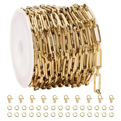 SMYHTGLIF 4 Meters Paperclip Chain Bulk for Jewelry Making Gold Chain Roll | Stainless Steel Chain Permanent Jewelry Necklace Bracelet Chain Handmade Jewelry Making Supplies - color: Paperclip Gold