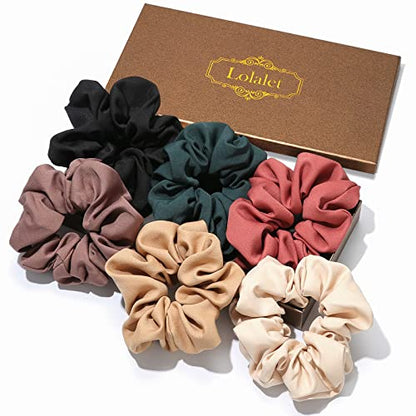 Lolalet Scrunchies for Women, Satin Hair Scrunchies Softer Than Silk Hair Ties for Hair Sleep, Big Scrunchy Ponytail Holder with Elastic Hair Bands for Girls Thick Thin Curly Hair -6 Pack, Style E - color: 5 - Cloth/Grey, Khaki, Flesh Pink, Black, Green,