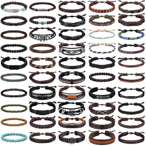Equsion 50 Pcs Braided Leather Bracelets for Men Women Wrap Wooden Bead Cuff Bracelet Hemp Cords Ethnic Tribal Handmade Wrap Wristband Bracelets Set Adjustable for Personal Wearing