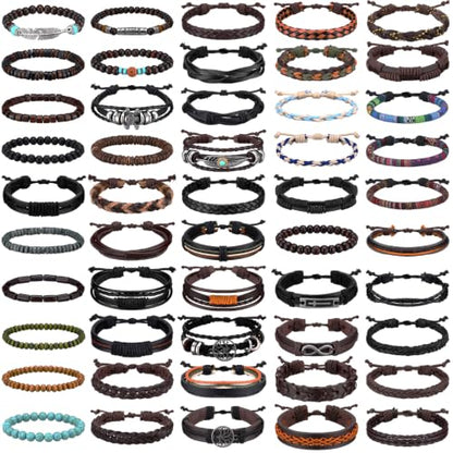 Equsion 50 Pcs Braided Leather Bracelets for Men Women Wrap Wooden Bead Cuff Bracelet Hemp Cords Ethnic Tribal Handmade Wrap Wristband Bracelets Set Adjustable for Personal Wearing