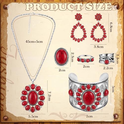 Ecally Bohemian Western Jewelry Turquoise Set Women Country Pendant Long Choker Layered Bracelets Earrings Ring for Women - color: Red, style: Lovely