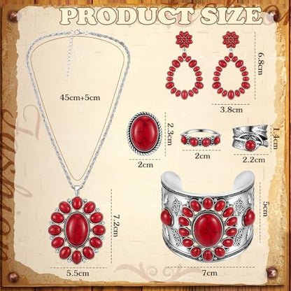Ecally Bohemian Western Jewelry Turquoise Set Women Country Pendant Long Choker Layered Bracelets Earrings Ring for Women - color: Red, style: Lovely