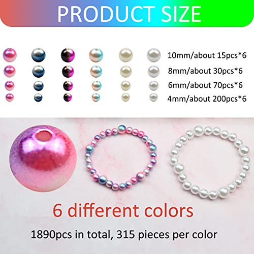 1890pcs 6 Colors Gradient Imitation Pearls Faux ABS Pearl Beads Smooth Rainbow Beads for DIY Jewelry Making Earrings Necklaces Bracelets(4/6/8/10mm Mixed) - color: Rainbow