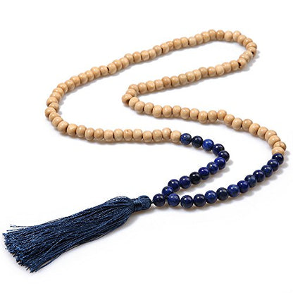 8MM Semi-Precious Gem Stones Wood Mala Bead Necklace | Multicolor Long Tassel Charms Chain Necklace,Handmade Beaded Pendant Necklace for Women Men - color: Wooden+ Lapis Lazuli