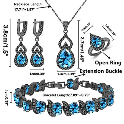 LMXXVJ Women Jewelry Set Platinum Plated Necklace Open Ring Earrings Bracelet Set,Birthday/Anniversary Mother’s Day Jewelry Gifts for Mom/Wife/Sister/Best Friend - color: Black Gun-Sky Blue