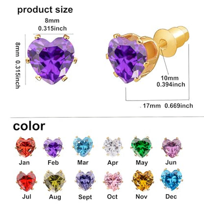 8mm Heart-Cut Birthstone Stud Earrings for Women – 18K Gold Plated Hypoallergenic Cubic Zirconia Earrings, Nickel Free, 12 Months Colors, Everyday Jewelry, Gift for Her, Bridal, Birthday, Christmas - color: 02 Feb Amethyst