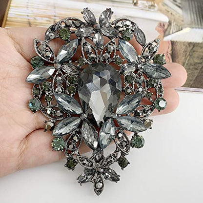 SELOVO Leaf Bouquet Scarf Big Brooch Pin Broach Crystal Jewelry - color: Black