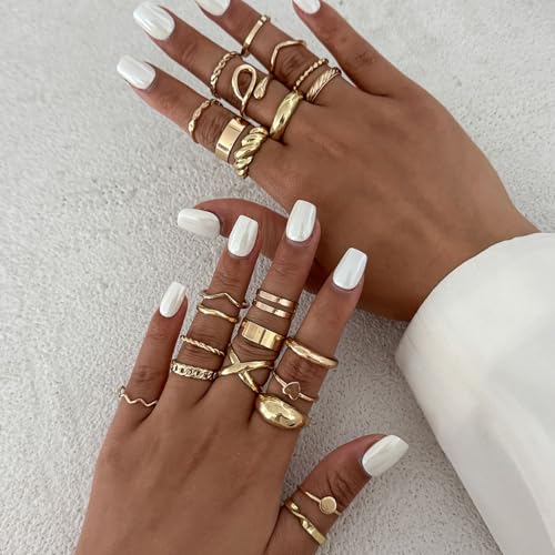 Gold Rings for Women Non Tarnish Stackable Rhinestone Moon Star Rings Dainty Stacking Pearl Butterfly Midi Pinky Thumb Joint Finger Knuckle Ring Set Gold Non Tarnish Jewelry Gifts Trendy Stuff - color: E Gold Stackable Rings 24Pcs