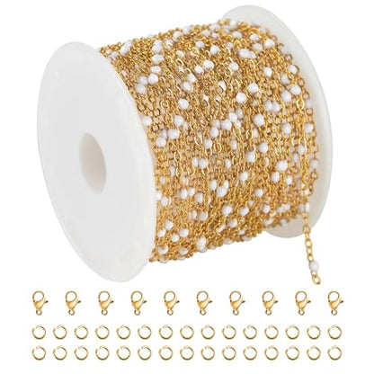 KYUNHOO 16.4 Feet/5M Stainless Steel Enamel Beaded Chain for Jewelry Making | Gold Plated Bulk Necklace Thin Cable Link With Findings for DIY Craft - color: Gold-White-2mm