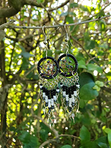 Beaded Dreamcatcher Earrings for Women, Long Boho Fringe Dangle Earrings, Lightweight Colorful Statement Jewelry, Handmade - color: Black & White