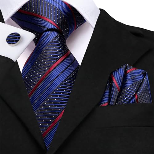 Dubulle Mens Paisley Striped Tie Woven Necktie for Men and Handkerchief Cufflinks Set Wedding Formal Business - color: Dark Blue Red