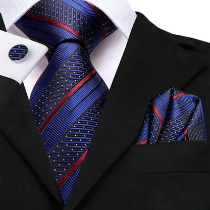 Dubulle Mens Paisley Striped Tie Woven Necktie for Men and Handkerchief Cufflinks Set Wedding Formal Business - color: Dark Blue Red