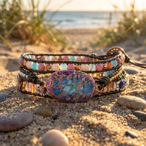 YGLINE Boho Handmade Natural Stone Wrap Bracelets Jasper Crystal Beads Bracelet Jewelry - color: jasper 1-3 wrap