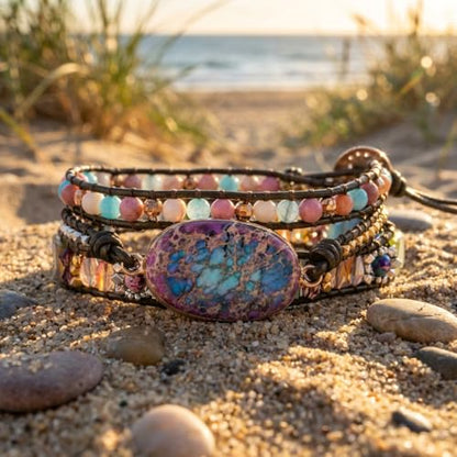 YGLINE Boho Handmade Natural Stone Wrap Bracelets Jasper Crystal Beads Bracelet Jewelry - color: jasper 1-3 wrap