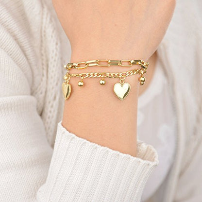 LUREME 18K Gold Stainless Steel Multi Chains Bracelet with Ball and Heart Charms for Women