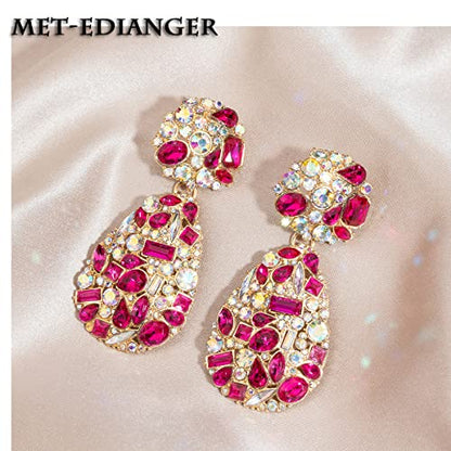 Rhinestone Statement Earrings Teardrop Costume Earrings Cluster Crystal Chandelier Drop Dangle Earrings for Women - color: Rose Red