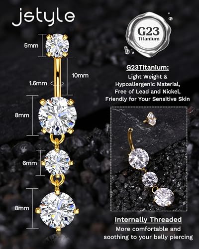 Jstyle G23 Titanium Belly Button Rings for Women 14G Internal Threaded | 14G Dangling Navel Ring, Hypoallergenic Belly Button Bar with Spacking AAAAA+ Cubic Zirconia, 10mm Bar Length Belly Piercing - color: Gold Plated: Dangling