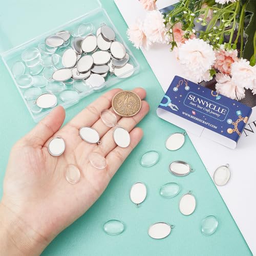 SUNNYCLUE 1 Box 80Pcs Bezel Trays Oval Pendant Tray Set Stainless Steel Pendant Blanks Photo Charm Cabochon Settings Blank Bezel Charms with Glass Cabochons for Jewelry Making DIY Findings - color: Oval Stainless Steel Cabochon Settings