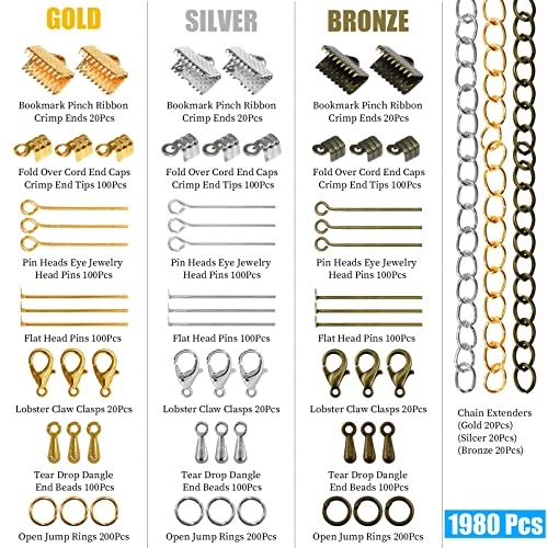 Jewelry Making DIY Kit Accessories, Jewelry Repair Tool Set with Ribbon Crimp Ends, Lobster Clasps, Head Pins, Eye Pins, Jump Rings, Extender Chain, Teardrop Dangle End Beads, Cord Crimp End Tips