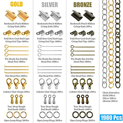 Jewelry Making DIY Kit Accessories, Jewelry Repair Tool Set with Ribbon Crimp Ends, Lobster Clasps, Head Pins, Eye Pins, Jump Rings, Extender Chain, Teardrop Dangle End Beads, Cord Crimp End Tips