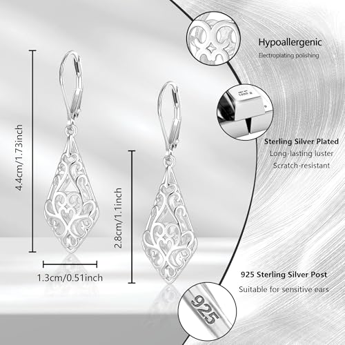 BOUTIQUELOVIN Filigree Dangle Earrings for Women Drop Earings | 14K Gold Plated Geometric Dangling Leverback Earrings Silver Hypoallergenic Dangly Earings Lightweight Daily Jewelry Gifts - color: A-Silver