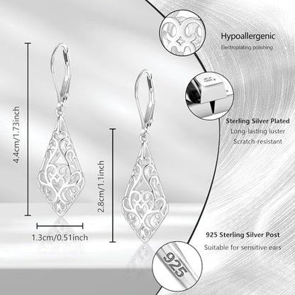 BOUTIQUELOVIN Filigree Dangle Earrings for Women Drop Earings | 14K Gold Plated Geometric Dangling Leverback Earrings Silver Hypoallergenic Dangly Earings Lightweight Daily Jewelry Gifts - color: A-Silver