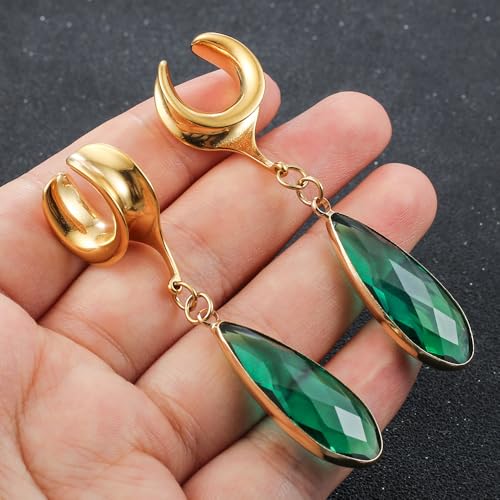 1 Pair Saddle Gauges Earring with Green Crystal Stone Ear Dangle Plugs Tunnels 00G 6mm-25mm (0G-1") Body Piercing Jewelry - color: Gold-1569, size: 12 mm