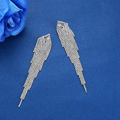 Silver Rhinestone Crystal Bridal Chandelier Long Tassels Dangle Earrings for Wedding - color: C-3