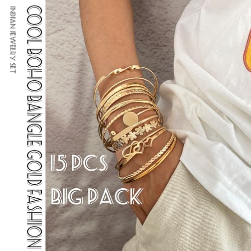 17IF Gold Bangle Bracelet For Women, 14k Multilayer Charm Textured Stackable Bracelets Boho Indian Chunky Cuff Fashion Jewelry Gift - style: 15 Pcs
