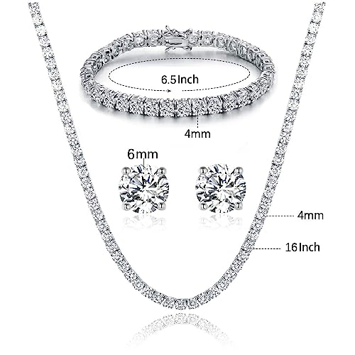 18K White Gold Plated Tennis Necklace/Bracelet/Earrings Sets Pack of 3 - style: 4.0mm with 6In bracelet&16In necklace