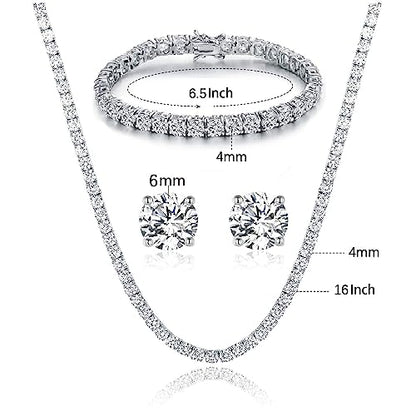 18K White Gold Plated Tennis Necklace/Bracelet/Earrings Sets Pack of 3 - style: 4.0mm with 6In bracelet&16In necklace