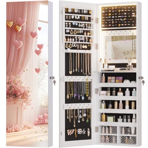 Vlsrka 47.2" LED Jewelry Cabinet, Wall Mounted Jewelry Mirror Organizer | Over the Door Hanging Jewelry Armoire Organizer, large Lockable Full Length Mirror with Jewelry Storage for Women, White - color: white, size: 47.2"