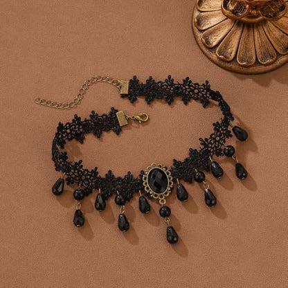 Gothic Lace Choker Vampire Necklace for Women,Black Lace Red Crystal Pendant Necklaces for Halloween,Goth Black Necklace Jewelry Witch Costume Vampire Accessories - style: Style Black
