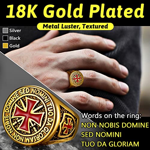 FaithHeart Mens Stainless Steel Crusader Jerusalem Cross Ring with 18K Gold Plated Two Tone Ring Size 7,8,9,10,11,12 - color: 02. Crusader Cross-Gold