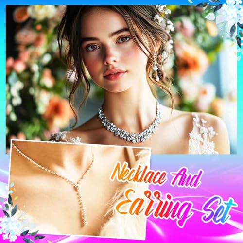 Yean Silver Bridal Jewelry Set Rhinestone Wedding Necklace and Earring Set Prom Jewelry for Women and Bride - color: Rose Gold