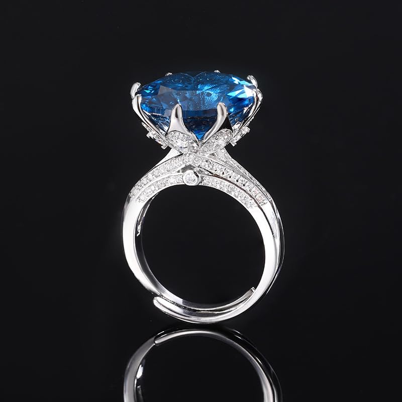 Large Round Gem 8-Prong Open Ring, 3 Colors Red Blue Aqua Green Triple Pave Silver Heavy Cocktail Ring for Women - color: blue