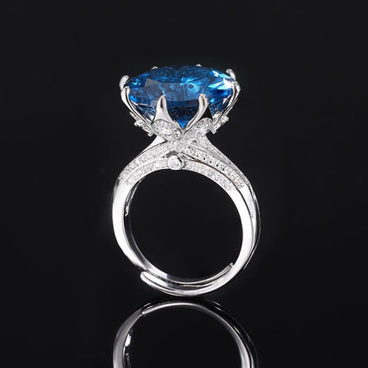 Large Round Gem 8-Prong Open Ring, 3 Colors Red Blue Aqua Green Triple Pave Silver Heavy Cocktail Ring for Women - color: blue
