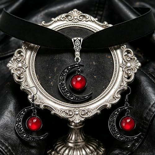ONLYJUMP Gothic Witch Moon Earrings Necklace Set for Women Goth Black Velvet Moon Choker Necklace Moon Zirconia Dangle Drop Earrings Dark Halloween Witch Vampire Jewelry - color: Red