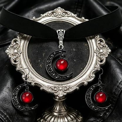 ONLYJUMP Gothic Witch Moon Earrings Necklace Set for Women Goth Black Velvet Moon Choker Necklace Moon Zirconia Dangle Drop Earrings Dark Halloween Witch Vampire Jewelry - color: Red