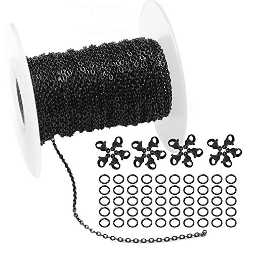 33FT 1.5mm Black Stainless Steel Flat Cable Chains for Jewelry DIY Making | Versatile for Repairs Extensions or DIY Projects-Works with Pendants Beads and Charms Easily - color: Gunmetal Black, size: Chain Width 1.5mm+20pcs Clasps+50 Rings