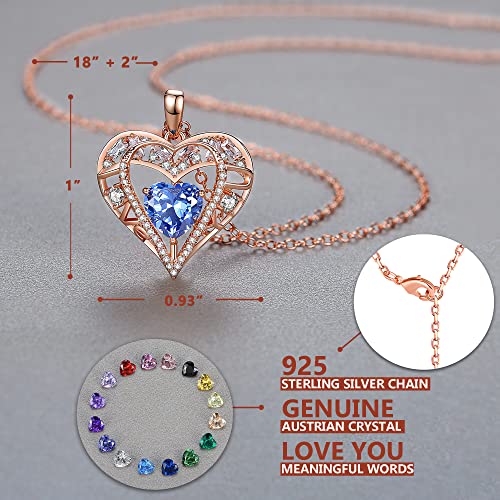 5 Heart I Love You Necklace for Women, Birthstone Crystal Pendant, Birthday Gift for Her, Wife, Mom, Rose Gold or Gunmetal Plated, 925 Sterling Silver Chain 18"+2" - color: 09-September-Sapphire Blue-Rose Gold Plated