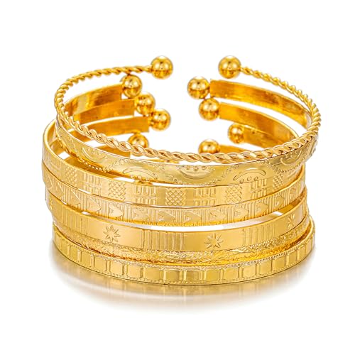 Gold Bangles for Women, 12 Pcs Boho Stackable Bracelets Multi Layer Textured Chunky Bracelets Jewelry Set for Women - color: 7 pcs gold bangles