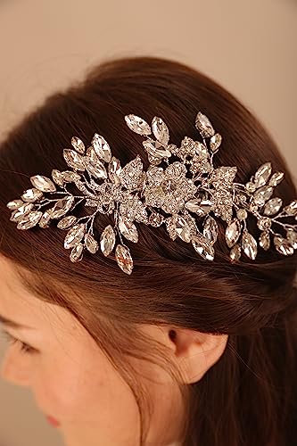 Wedding Silver Flower Leaf Crystal Rhinestone Hair Comb Teardrop Crystal Rhinestone Beads Hair Comb Wedding Hair Accessories for Women Girls