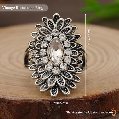 Boho Retro Rhinestone Ring Ethnic Big Flower Crystal Finger Ring Trendy Statement Tribal Indian Dance Costume Ring Jewelry for Women - color: Silver