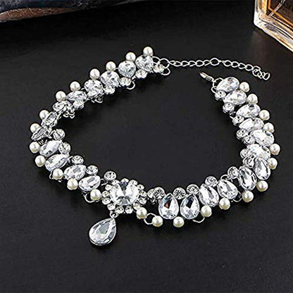Bohemia Rhinestone Crystal Necklace Pearl Choker Wedding Jewelry Bridal Diamond Pendant for Women - color: Silver