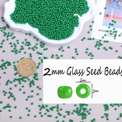 2mm Glass Seed Beads Bulk, Green 12/0 Tiny Round Seed Bead, Small Mini Pony Craft Beads for Bracelet Necklace Wrist Jewelry Making Beading Weaving DIY Crafts Supplies - color: Green